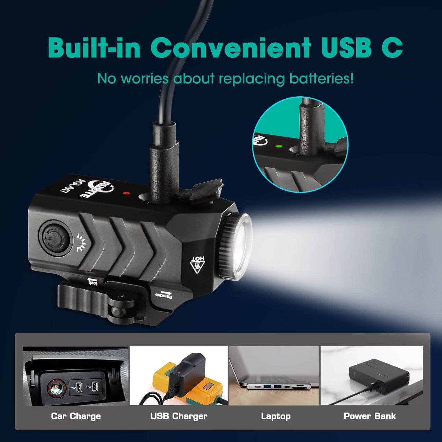AULITE Tactical Flashlight Low Profile Quick Release,Compact Size,USB C Rechargeable for Pistol,Airsoft Light,Picatinny Mount