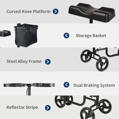 CloudHand Foldable Lightweight Knee Walker, Portable Knee Scooter featuring Basket, Adjustable Steering, and Brake System, Better Alternative to Crutches, Black