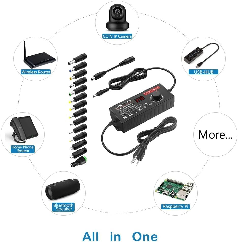 SHNITPWR Universal Power Supply Adjustable DC 24V 12V 9V 14V 19V 30V 36V AC Adapter Multi-Voltage 9V ~ 36V 3A 108W Power Adapter 100V~240V AC to DC Variable Power Converter 14 Tips 5.5x2.5mm