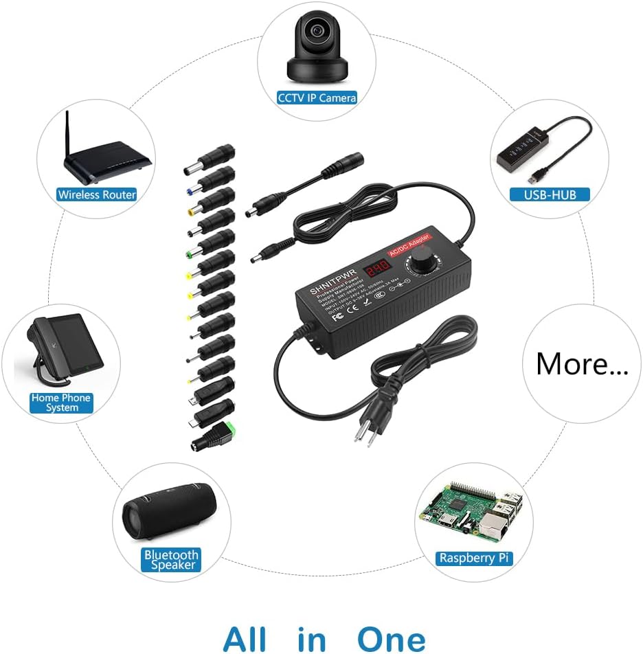 SHNITPWR Universal Power Supply 3.5-24V 144W DC 24V 19V 14V 12V 9V 6V 5V 3.5V 6A Adjustable AC/DC Power Adapter with 14 Tips and Polarity Cable for Home Electronics