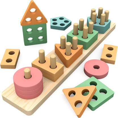OSLINE Montessori Educational Toys for 1 2 3 Year Old,Toddler Wooden Toys Shape Sorter Stacking Toys,1-5 Year Old Boy Girl Gifts,Wooden Blocks Puzzle Learning Toys,Easter Birthday Gifts