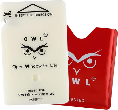 OWL Car Window Breaker and Seatbelt Cutter Card Auto Crash Emergency Escape Tool Life Saving Survival Kit 2-in-1 Tool - Made in USA with Red Holder