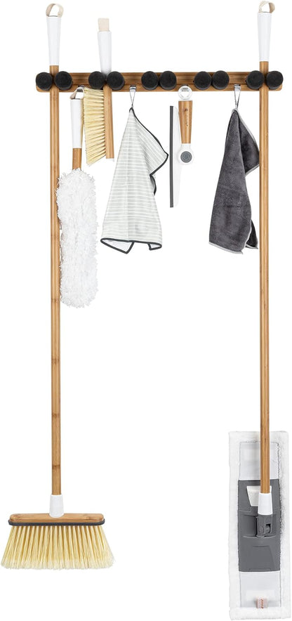 Full Circle Get A Grip Mop and Broom Organizer – Wall Mounted Storage for Kitchen or Closet – Lightweight Bamboo Hanging Broom Holder with Foam Pegs – Easy to Install Home Organization, Large