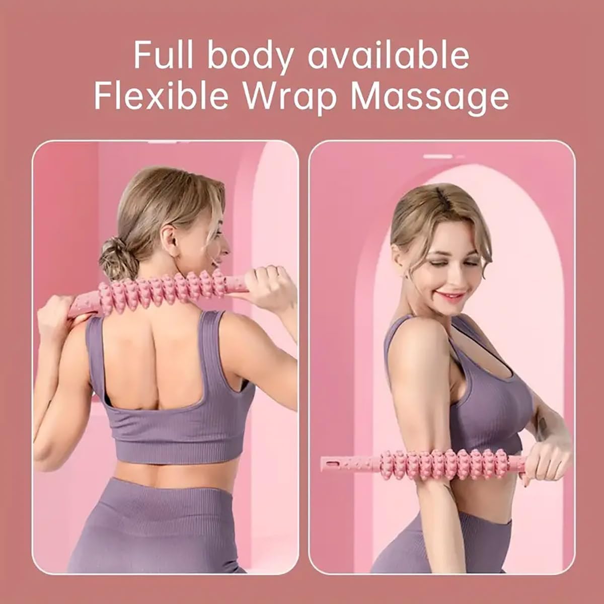 AIMALL Mace Massage Roller for Muscle Relaxation, Yoga Fitness Tool, Arm & Calf Slimming Roller Stick with Non-Slip Grip, Adjustable Roller, 14.96in Long, Pink/Green/Blue