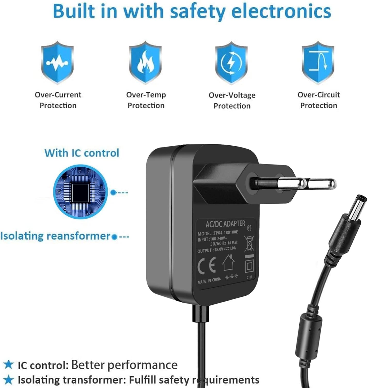 TKDY 18V 1A 18V 1000mA 800mA 750mA 500mA 400mA Power Adapter with 5 Tips for Most 18V Electronic Devices Positive Center