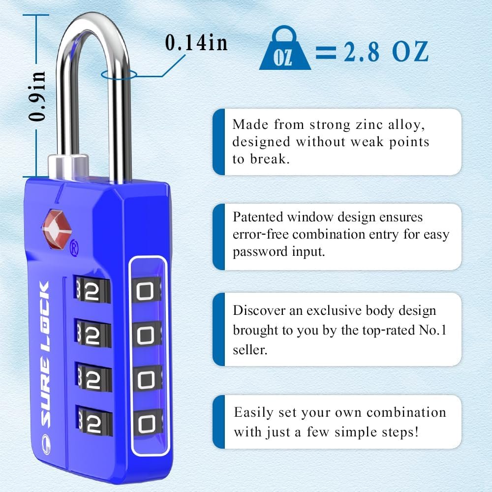 SURE LOCK TSA Approved 4-Digit Resettable Combination Luggage Locks with Open Alert, Easy-Read Dials - for Luggage, School Lockers, Gym, Office, Toolbox & Security Cases(Blue 2 Pack)