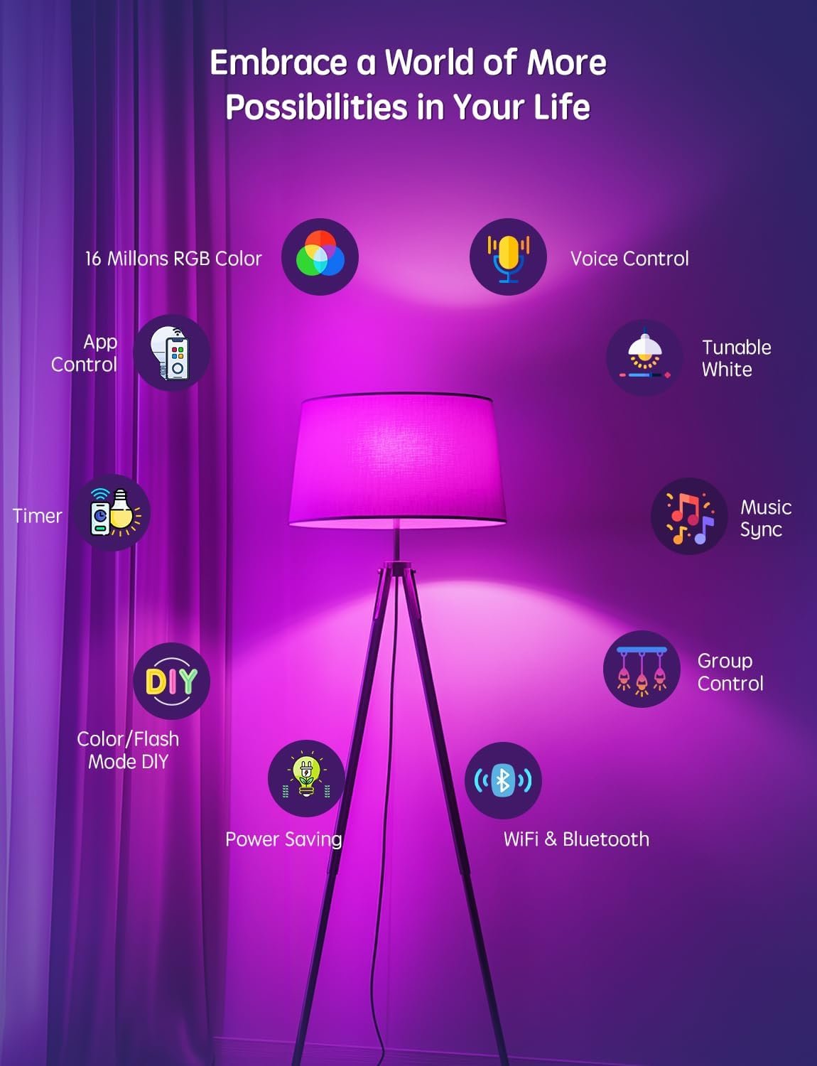 HIFILUZ Smart Light Bulbs 8 Pack, Work with Alexa and Google Assistant, LED Light Bulbs Color Changing with Timer, Bluetooth Music Sync, WiFi Bulbs with APP