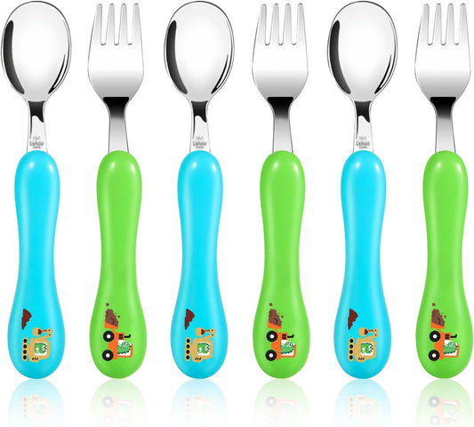 Lehoo Castle Toddler Cutlery Spoon and Forks, 6pcs Stainless Steel Dinosaurs Toddler Utensils Set, Toddler Spoons Forks Self Feeding Incudes 3 x Spoons, 3 x Forks