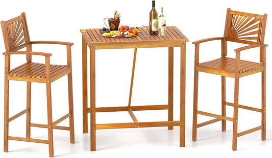Tangkula 3 Piece Patio Bar Table & Chairs, Outdoor Acacia Wood Bar Set w/Slatted Seat & Tabletop, Wood Dining Bar Set w/Backrest, Armrests & Footrest for Backyard, Poolside, Balcony