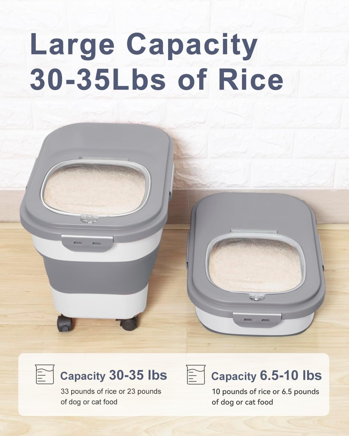 DDMOMMY 20-30 Lbs Rice Storage Container,Collapsible Food Storage Containers with Rolling Wheel Airtight Locking Lid,Flour Storage Container with Cup and Scoop,Suitable for Food,Rice,Pet Food,Flour