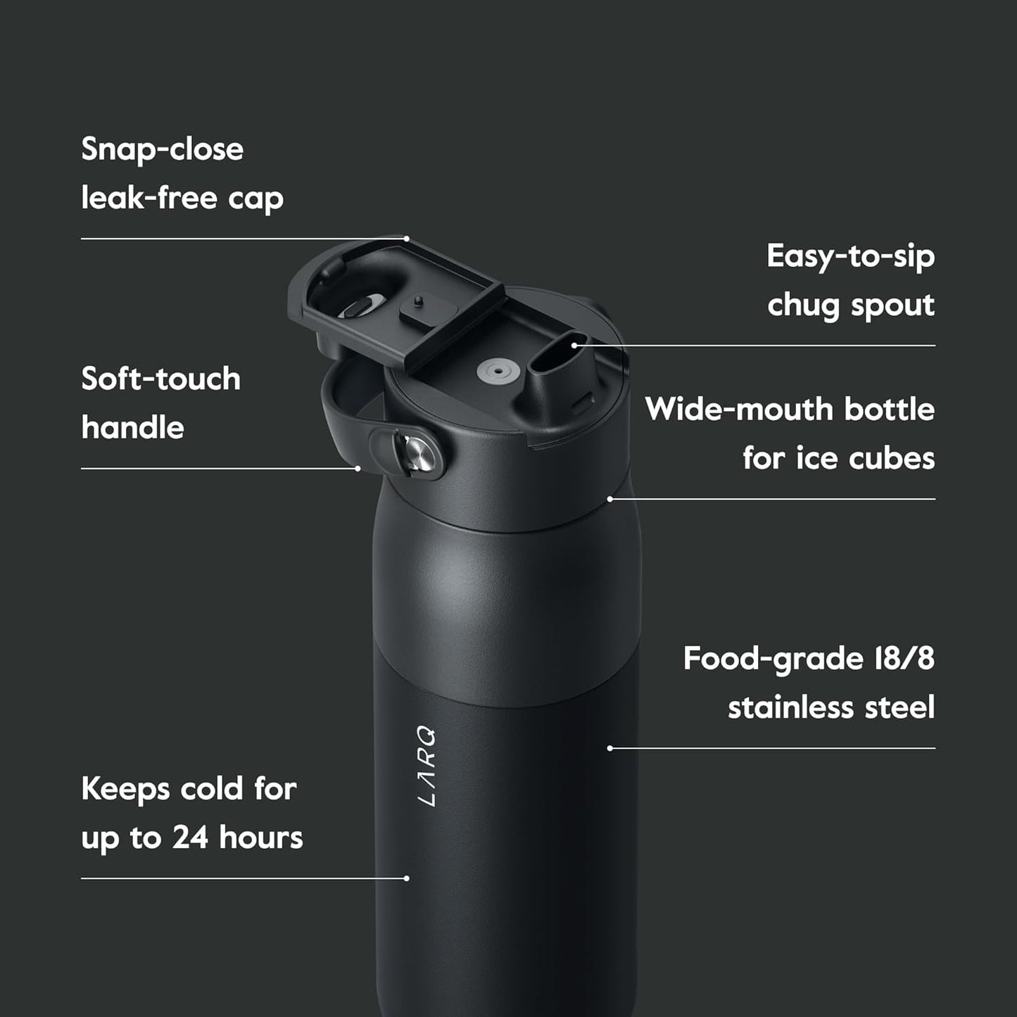 LARQ Bottle Swig Top 23oz - Insulated Stainless Steel Water Bottle With Built-In Silicone Handle | Thermos, BPA Free | Reusable Water Bottle for Sports, Gym, and Travel, Obsidian Black