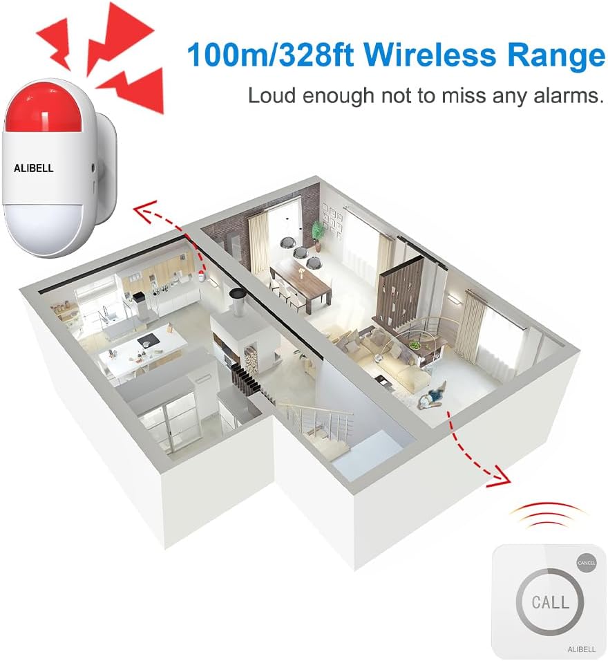 ALIBELL Personal Alarm 120dB Siren, Emergency Alarm System for Home/Shop/Factory, 2 Emergency Buttons + 1 Siren (Battery Operated and Plug-in Mains Powered)