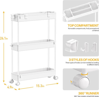 SPACELEAD Slim Storage Cart 3 Tier,Bathroom Organizer Rolling Utility, Mobile Shelving Unit Slide Out for Office, Kitchen, Laundry Room & Narrow Places,White