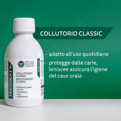 President Kit of 3 Classic Mouthwash for Daily Use, Anti Plaque and Anti Caries. Cooling Action Antihalitosis, 3 x 200 ml