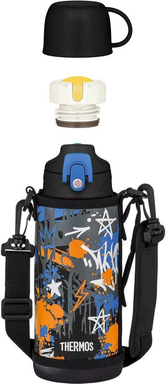 Thermos FJJ-801WF BK-BL Vacuum Insulated 2-Way Bottle, Black Blue, Direct Drinking With Cup, for Kids, School or Commutes