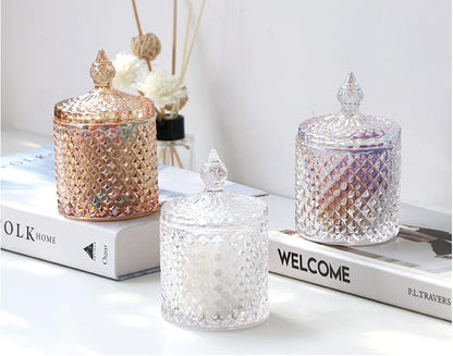 MengCat Cotton Ball and Swab Holder Organizer,Clear Glass Bathroom Vanity Countertop Canister Jars with Lid, Apothecary Jars Holder Makeup Organizer for Pads,Bath Salts 8.8OZ Set of 2
