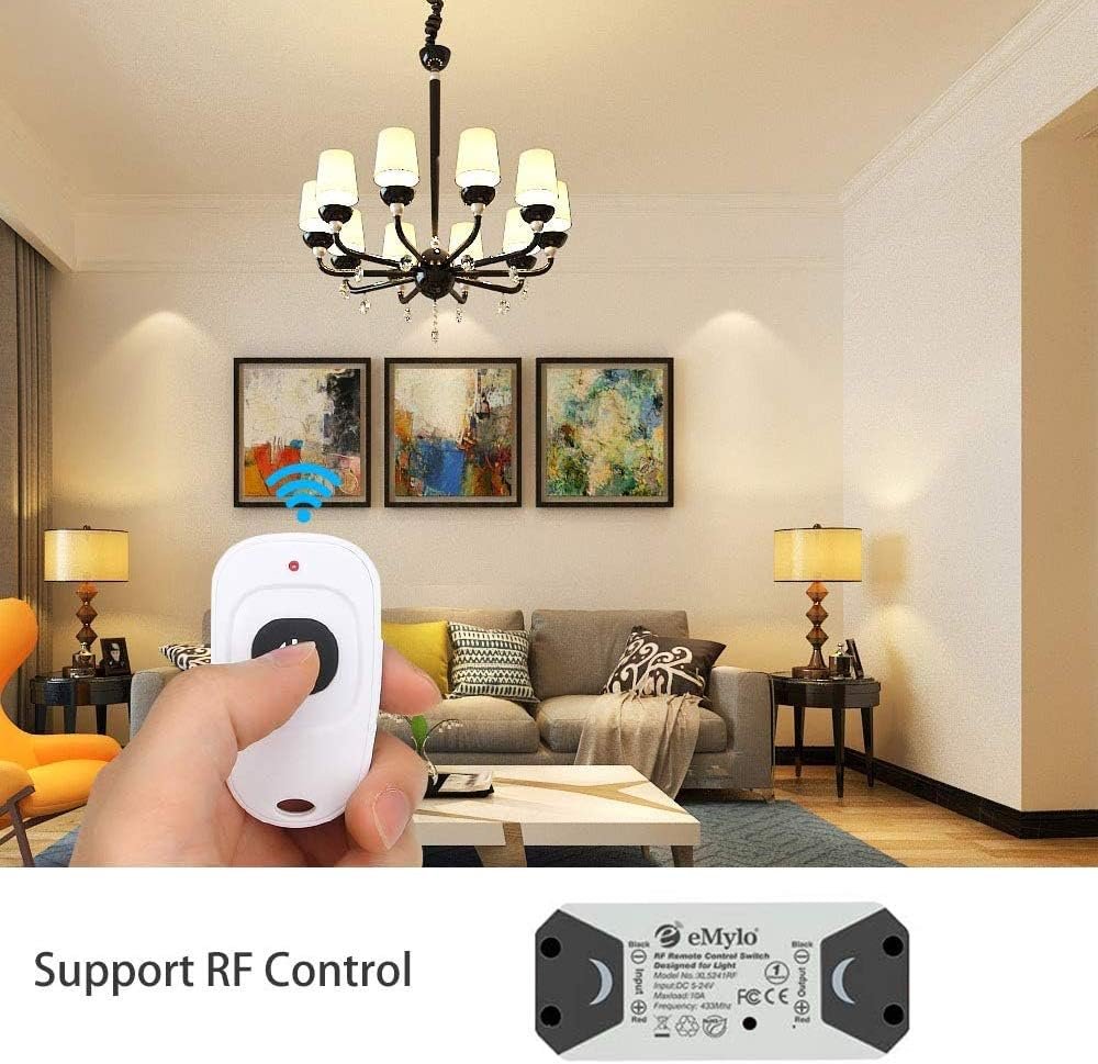 eMylo Smart Wireless Relay Switch DC 12V RF Relay Module One 1-Channel Remote Control Switch 5V-24V RF Switch Home Automation 433Mhz with Two Transmitters 1 Pack