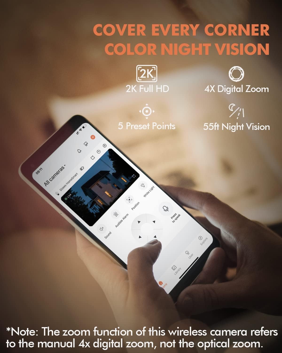 Dzees Solar Security Cameras Wireless Outdoor, 2K Battery Powered Security Camera, 360Â° PTZ Camera with Spotlight, Siren, Color Night Vision, AI Dectection, IP66 for Home Security, 2.4GHz