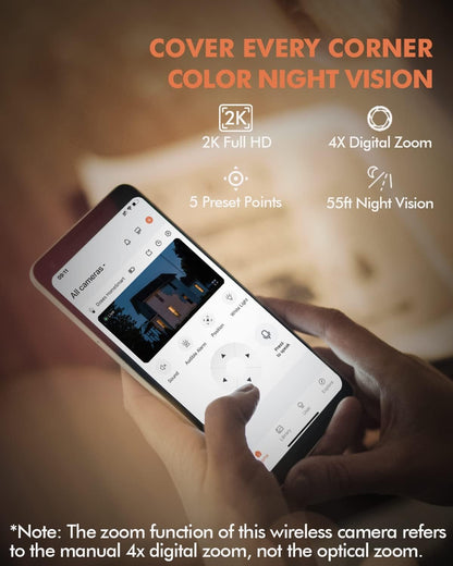 Dzees Solar Security Cameras Wireless Outdoor, 2K Battery Powered Security Camera, 360Â° PTZ Camera with Spotlight, Siren, Color Night Vision, AI Dectection, IP66 for Home Security, 2.4GHz