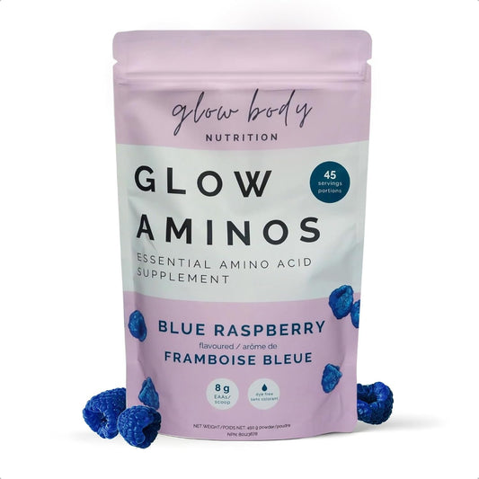 Glow Aminos - Blue Raspberry | 445g - 45 servings | Vegan, GF, DF, Sucralose-Free | Pure EAAs, Essential Amino Acid Powder, Amino Acid Supplement, Clean Aminos, Essential Amino Acids | Support Muscle Build, Recovery, Lean Mass, Toned Body, Hydration.