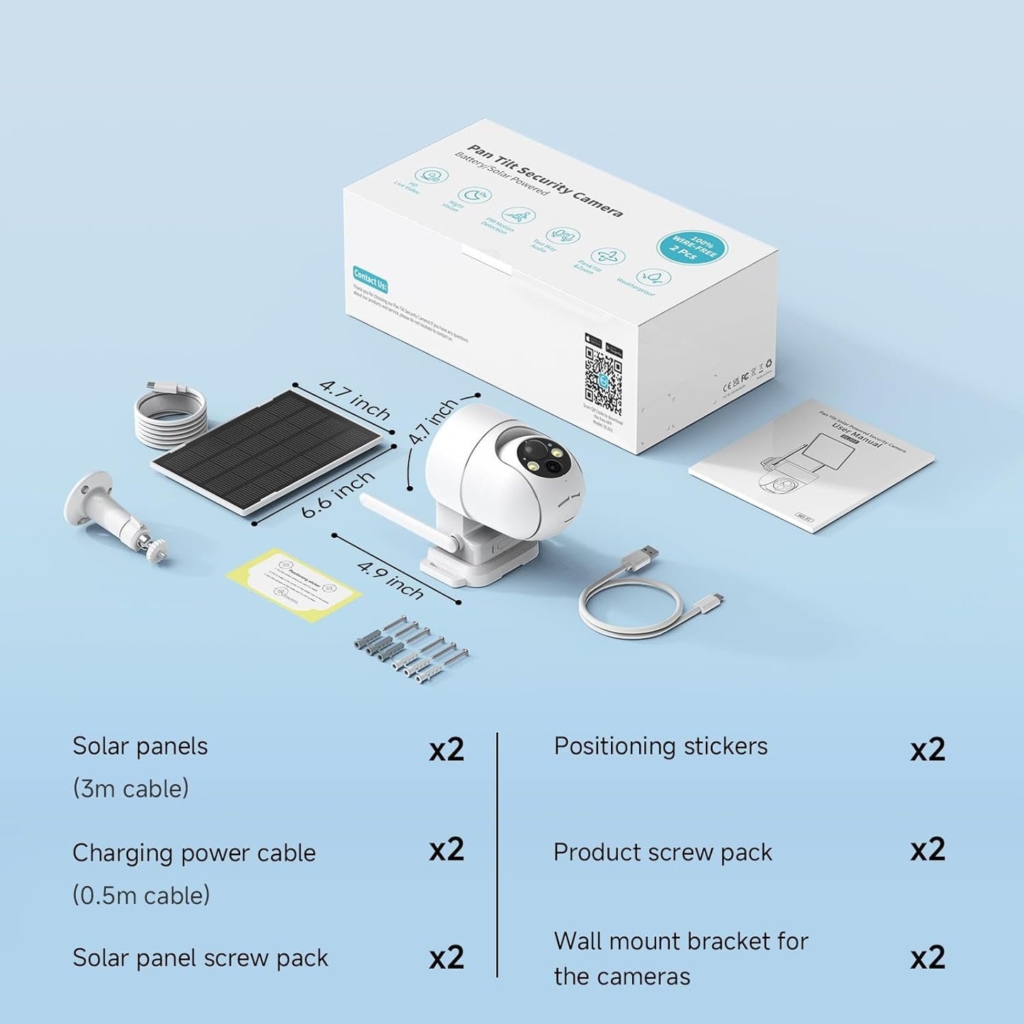 2K Solar Security Cameras Wireless Outdoor, 2PCS Outdoor Camera Wireless with 360° View, Cameras for Home Security with Color Night Vision/2-Way Audio, 2.4GHz Wi-Fi Only