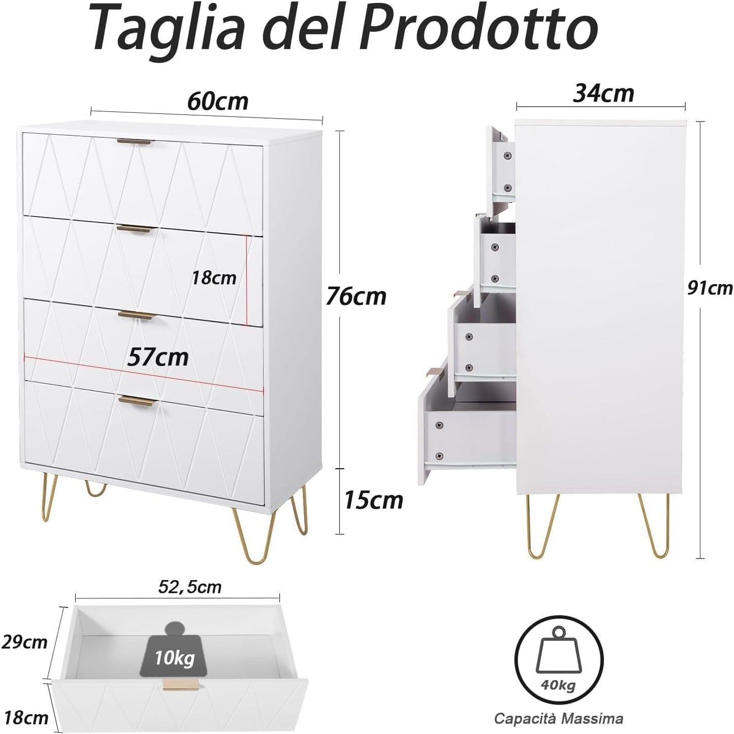 UEV 3 Piece Bedroom Furniture Set, 9 Drawer Chest of Drawers with Two Drawers with 4 Drawers, Style with Handles and Feet in Gold, Lines Pattern, Scandinavian Style (White)