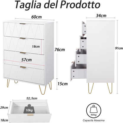 UEV 3 Piece Bedroom Furniture Set, 9 Drawer Chest of Drawers with Two Drawers with 4 Drawers, Style with Handles and Feet in Gold, Lines Pattern, Scandinavian Style (White)