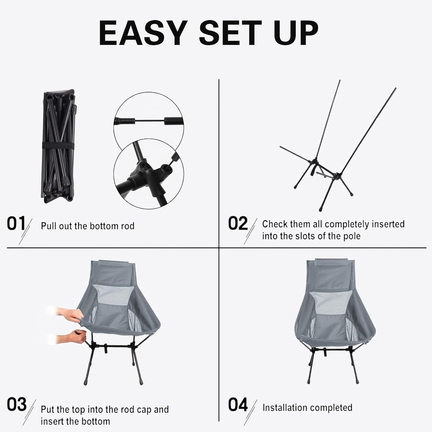 XIULIUU Lightweight Folding Camping Chairs, Portable Camping Chair with Storage Bag, Ultralight Backpacking Chair for Outdoor Camp Travel Beach Picnic Festival Hiking, Supports 150kg (Grey, Large)