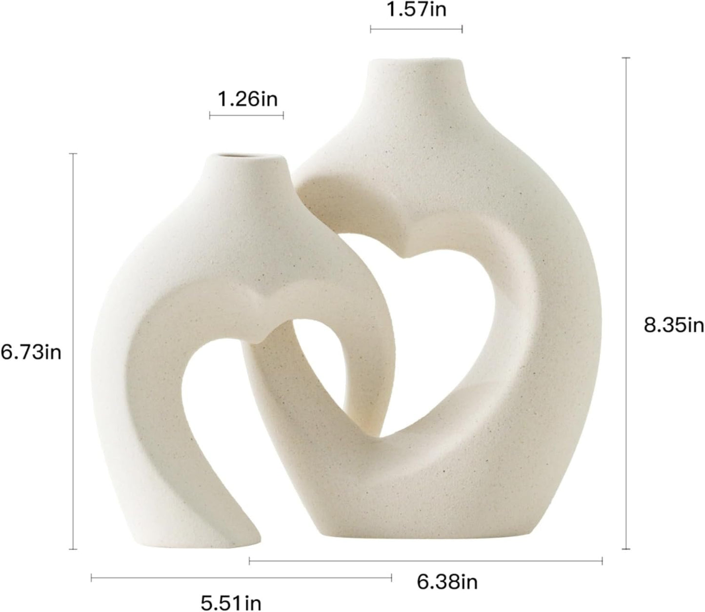 Ceramic Vase for Home Decor, Snuggle Hollow Ceramic Vase Set of 2, Nordic Modern Boho ins Style Heart Shaped Pampas Grass Flower Vases for Living Room Table Decorations (Beige W 6.3" X H 8.1")