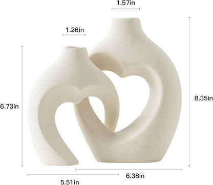 Ceramic Vase for Home Decor, Snuggle Hollow Ceramic Vase Set of 2, Nordic Modern Boho ins Style Heart Shaped Pampas Grass Flower Vases for Living Room Table Decorations (Beige W 6.3" X H 8.1")