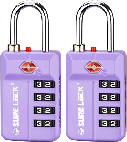 SURE LOCK TSA-Approved 4-Digit Resettable Combination Luggage Lock with Open Alert, Easy-Read Dials - for Luggage, School Lockers, Gym, Office, Toolbox & Security Cases (Purple 2 Pack)