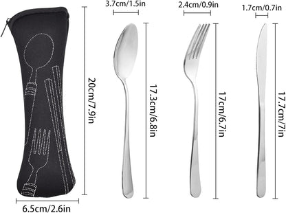Travel Cutlery Set with Case, Camping Utensil Set Stainless Steel Travel Utensils Set with Case, Silverware Portable Utensil Set for Lunch Box School Picnic or Daily Use (Black)