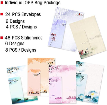 Stationary Set Japanese Stationery Letter Writing Paper, 48 Pack Stationary Paper and envelopes Set Ink Painting Design - 48 Stationary Papers + 24 Sealing Envelopes