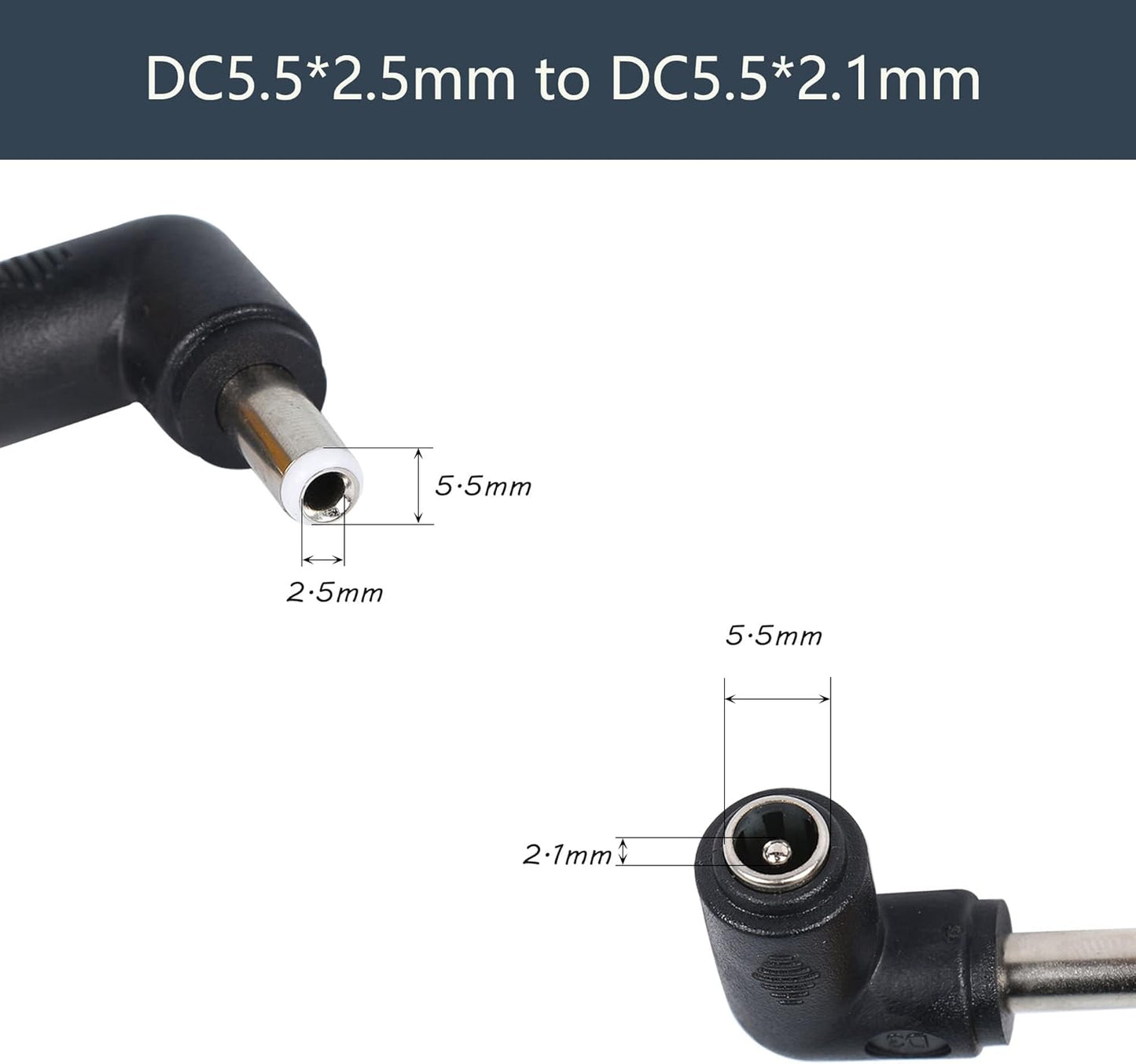 QIANRENON 90 Degree Angle DC5.5x2.5mm to 5.5x2.1mm Male to Female Adapter Converter Coupler 2pcs