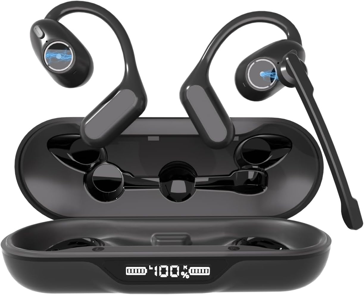 iDIGMALL Bluetooth 5.4 Headset w/Detachable Microphone, Open Ear Headphones w/Noise Canceling Mic & Mute for Call, Multipoint Wireless Earbuds w/Charging Case for Office Home Work Driving Travel, 60H