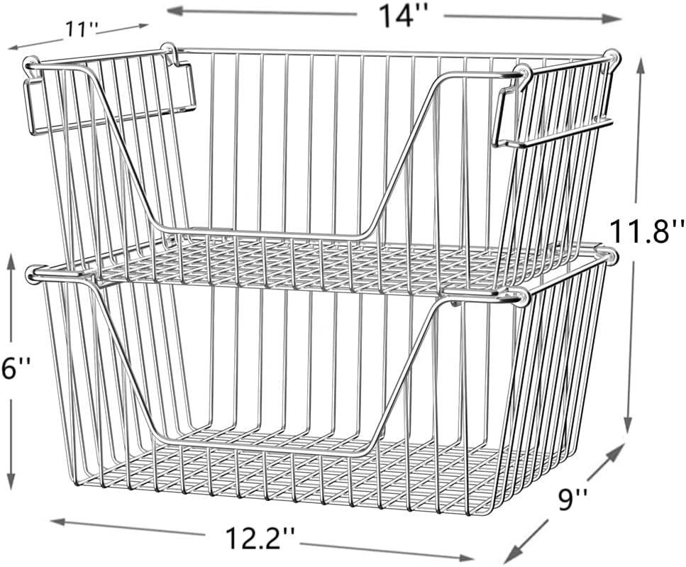 Slideep Large Stackable Storage Baskets Cabinet Organizer Sturdy Metal Wire Pantry Freezer Bin for Pantry Home Bathroom Kitchen Organization 4 Packs