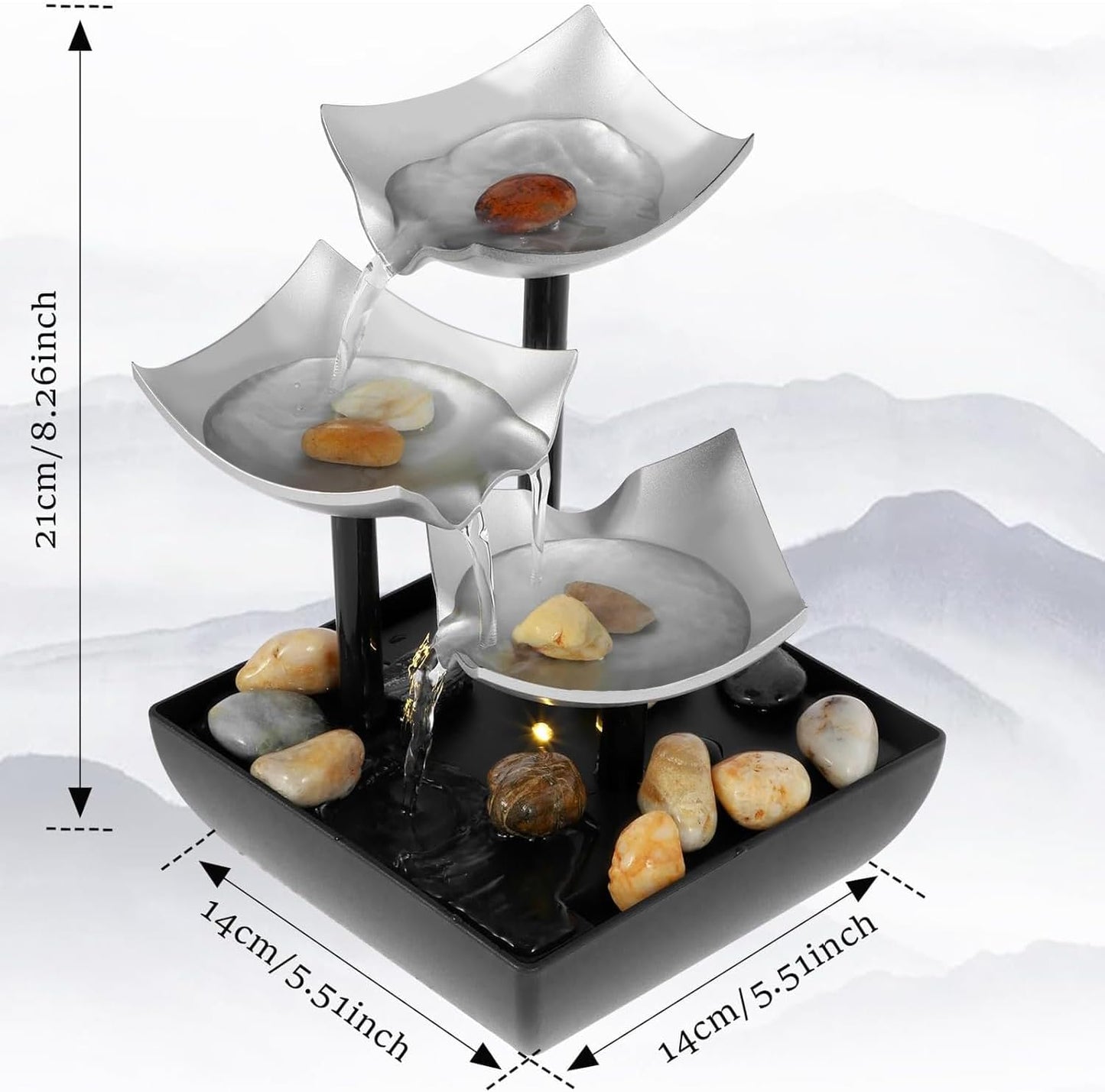 Tabletop Water Fountain, Home Decor Soothing Sound Machine - Automatic Pump, Deep Basin and Natural River Rock. Indoor Zen Relaxation Unit for Office, Living Room or Bedroom, 21 CM High
