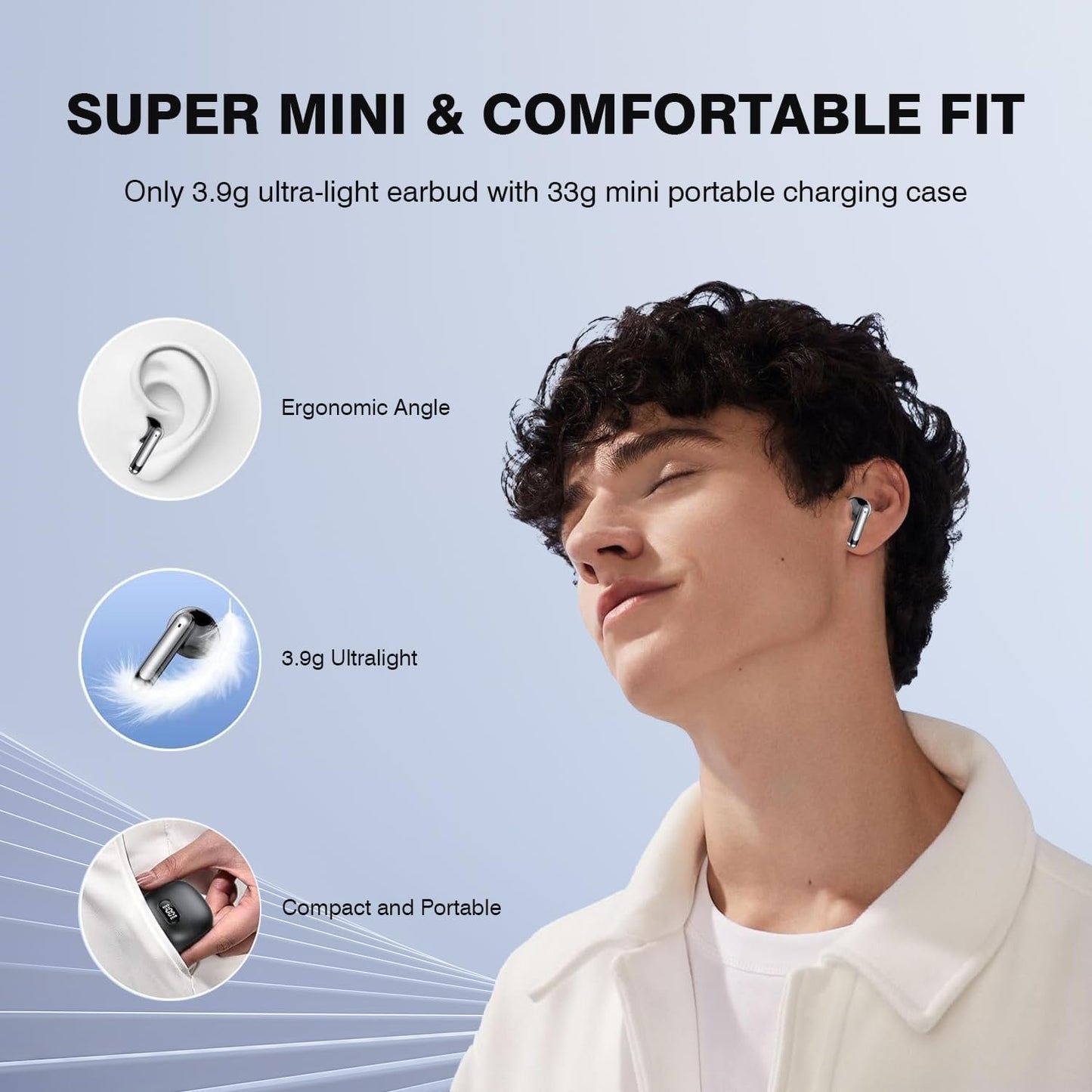 Bluetooth Earbuds Wireless 5.3 LED Display Headphones with ENC Mic,40H Bluetooth Earphones in Ear Deep Bass Stereo Sound,Mini Ear Buds IP6 Waterproof,Touch Control for Work Sport