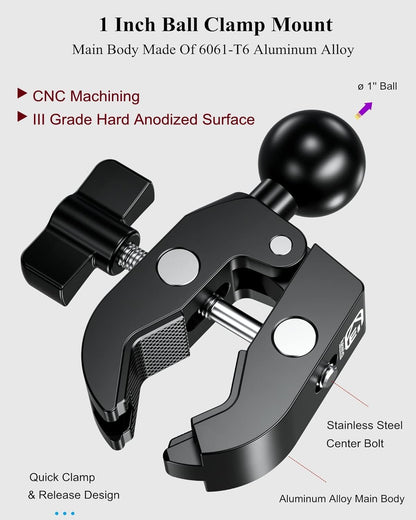 BRCOVAN Aluminum Alloy Handlebar Clamp Mount Base with 1'' TPU Ball for Rails 0.5'' to 2'' in Diameter, Compatible with RAM Mounts B Size Double Socket Arm & Bike Motorcycle Phone Mount Holder
