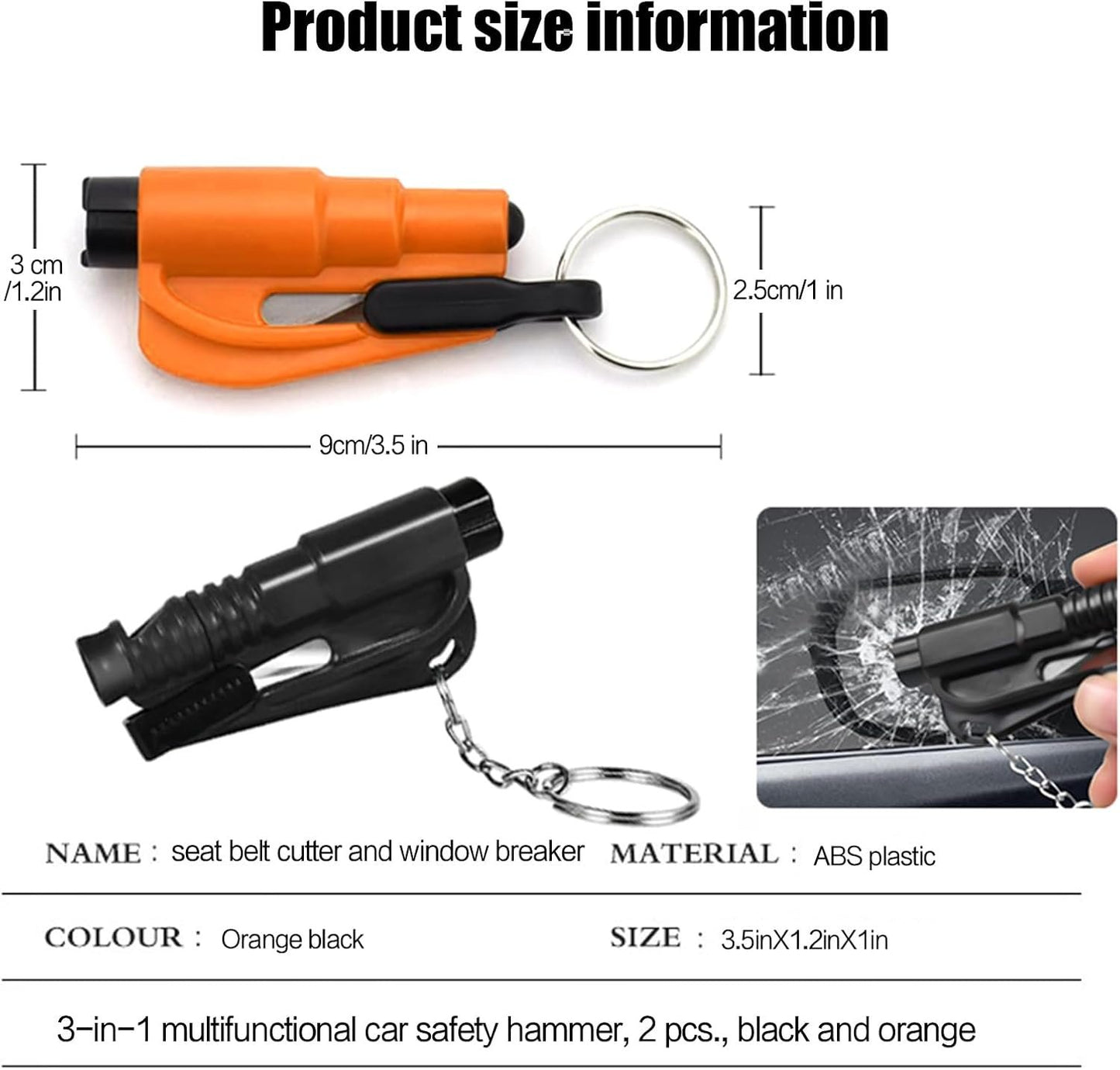 Mini Car Glass Window Safety Hammer Breaker and Emergency Whistle and Seat Belt Cutter 3 in 1 Escape Tool, 2 Pack