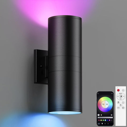 SHIMR Modern Outdoor Wall Lights Color Changing, RGBCW Smart Outdoor Lights with Remote Control, Waterproof Antirust Black Aluminum Exterior Lighting Fixtures Up and Down Lights [ETL Listed]