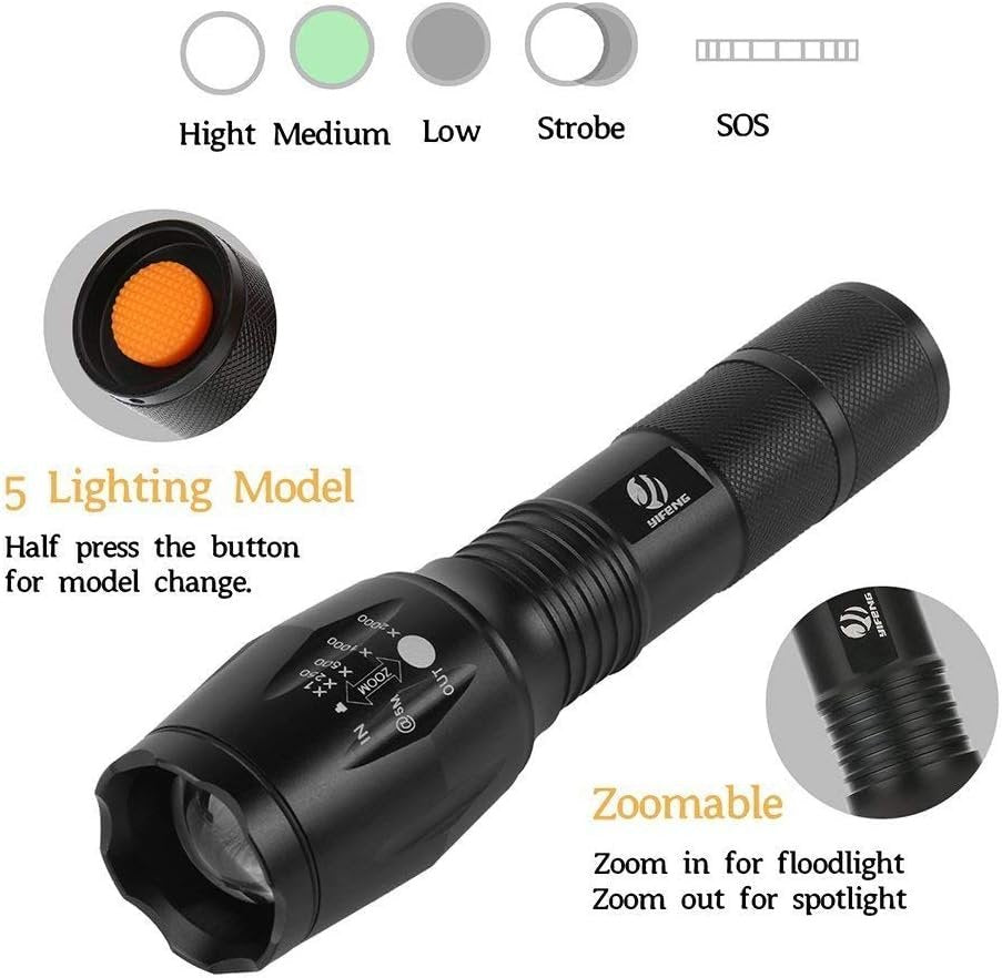 yIFeNG Tactical Flashlight, XML T6 Ultra Bright LED Flashlight with Adjustable Focus and 5 Light Modes for Camping Hiking Emergency (1 Pack)