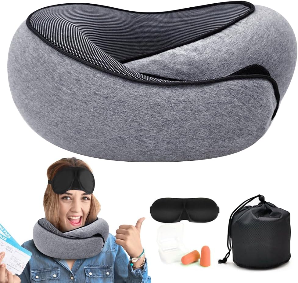 Sonicefit Neck Travel Pillow for Airplanes, Memory Foam 360 Degree Support Pillow with Removable Cover, Compact and Ergonomic Neck Pillow for Travel Home Cars Office, Lightweight & Portable (Gray)