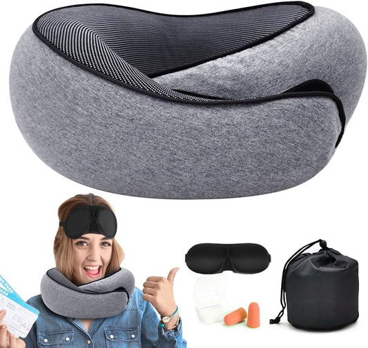 Sonicefit Neck Travel Pillow for Airplanes, Memory Foam 360 Degree Support Pillow with Removable Cover, Compact and Ergonomic Neck Pillow for Travel Home Cars Office, Lightweight & Portable (Gray)
