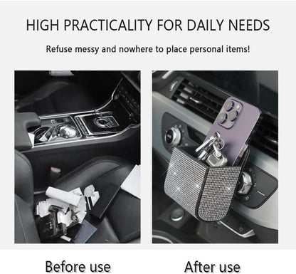 Car Vent Storage Organizer,Rhinestone Car Vent Leather Pocket,Bling Car Accessories for Women or Man,Multipurpose Car Storage
