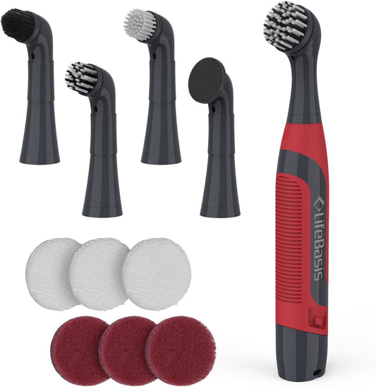 LifeBasis Power Scrubber, Cordless Electric Cleaning Brush Battery Powered Scrub Brush, Water Resistant Small Electric Grout Brush with 5 Brushes for Home/Kitchen/Bathroom/Grout/Tile/Shower/Tub, Red