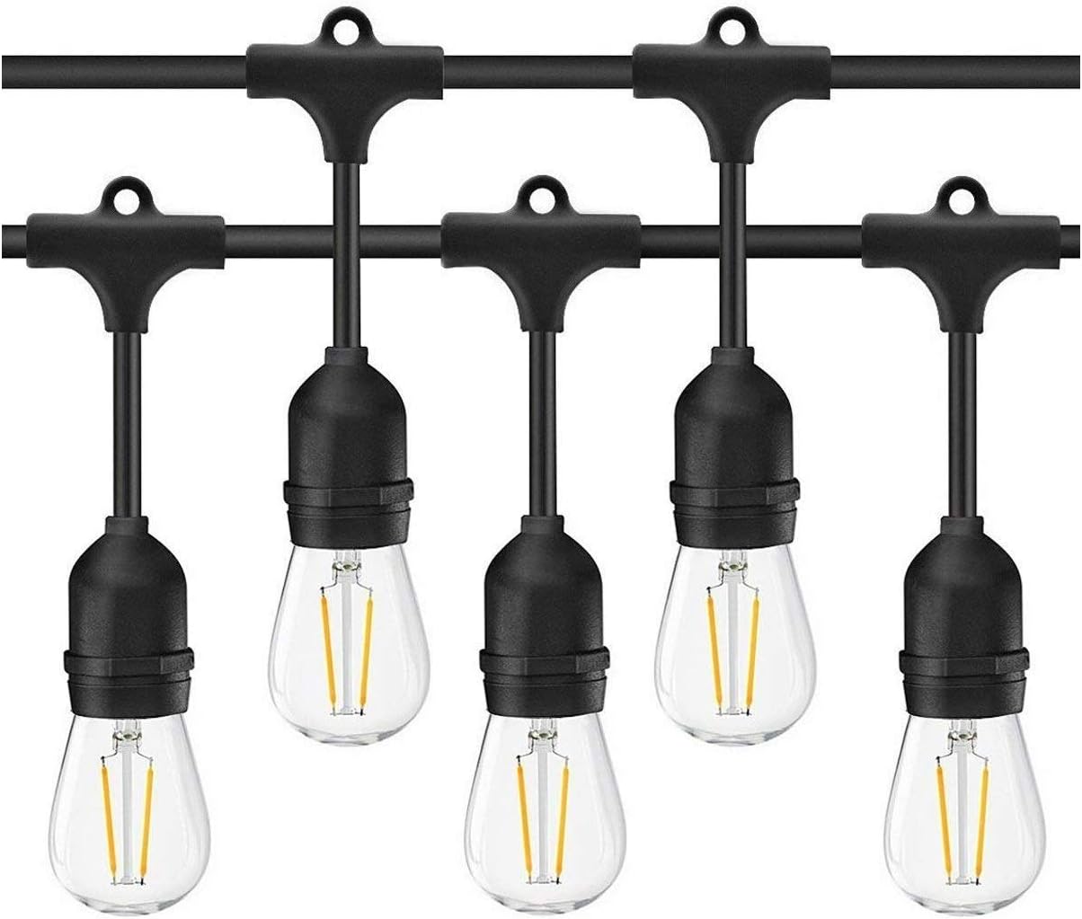 LED Outdoor String Lights- Geecol 49Ft Waterproof IP65 Commercial Grade S14 Heavy Duty Festoon String Light 15 Hanging Sockets with 15 S14 2W LED Bulb Warm White 2700K for Party Patio Garden