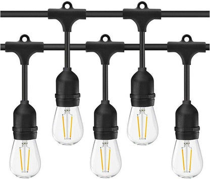 LED Outdoor String Lights- Geecol 49Ft Waterproof IP65 Commercial Grade S14 Heavy Duty Festoon String Light 15 Hanging Sockets with 15 S14 2W LED Bulb Warm White 2700K for Party Patio Garden