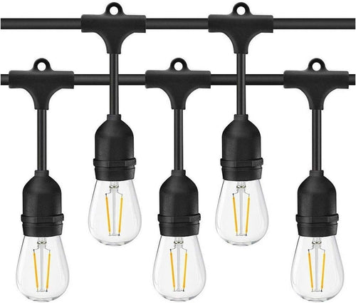 LED Outdoor String Lights- Geecol 49Ft Waterproof IP65 Commercial Grade S14 Heavy Duty Festoon String Light 15 Hanging Sockets with 15 S14 2W LED Bulb Warm White 2700K for Party Patio Garden