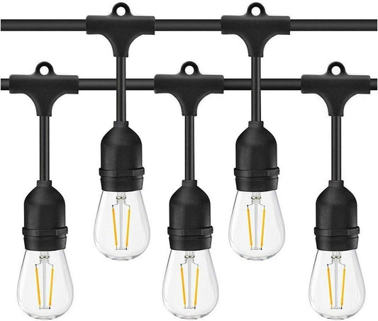 LED Outdoor String Lights- Geecol 49Ft Waterproof IP65 Commercial Grade S14 Heavy Duty Festoon String Light 15 Hanging Sockets with 15 S14 2W LED Bulb Warm White 2700K for Party Patio Garden